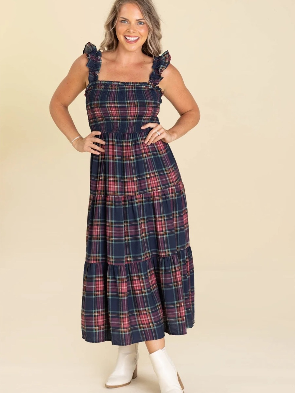 Blu Pepper Sz M Navy and Berry Plaid Ruffle-Shoulder Tiered Maxi Dress